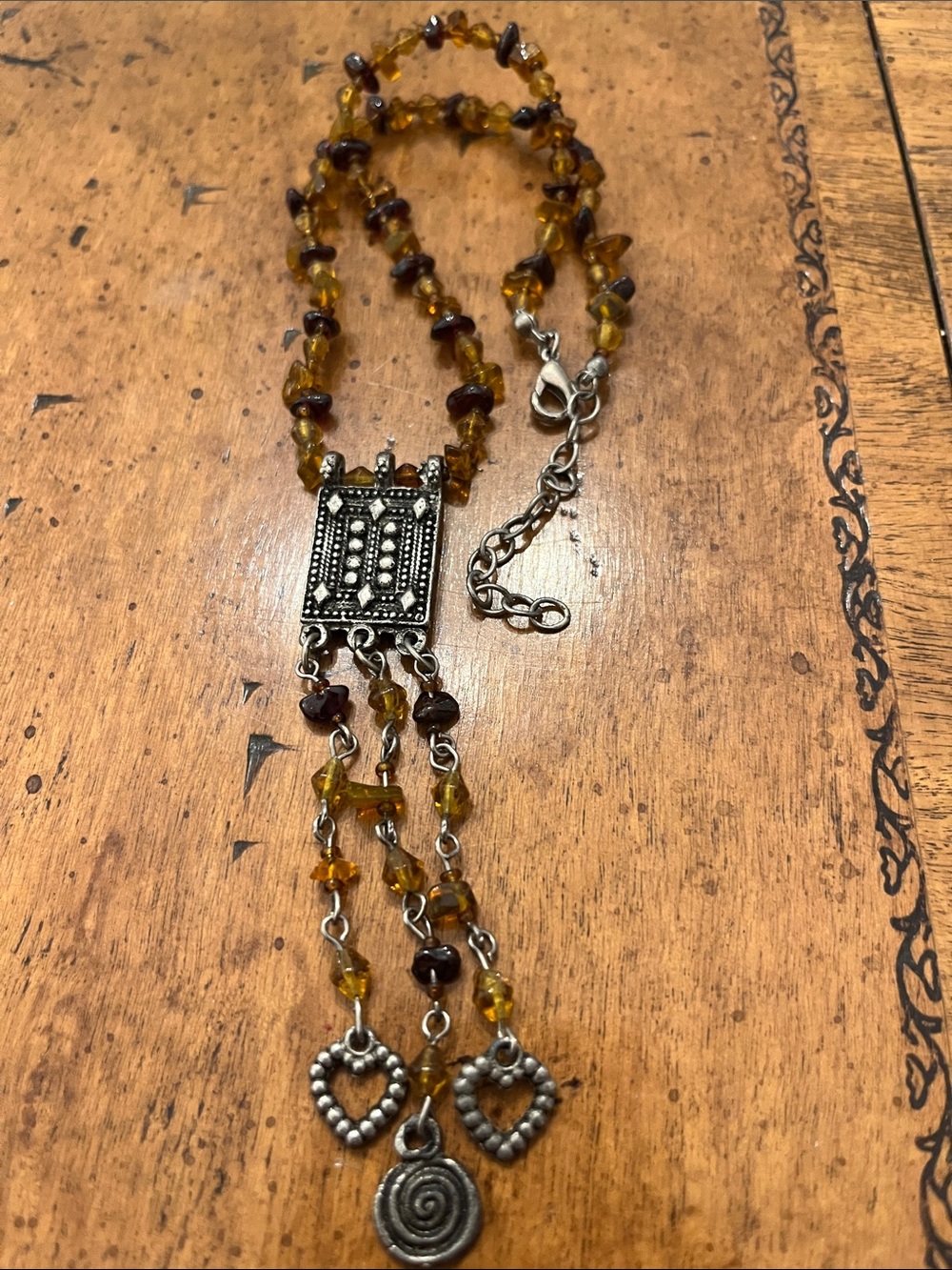 Vintage Boho Amber Chip Beaded Fringe Necklace Tassel Heart Charm